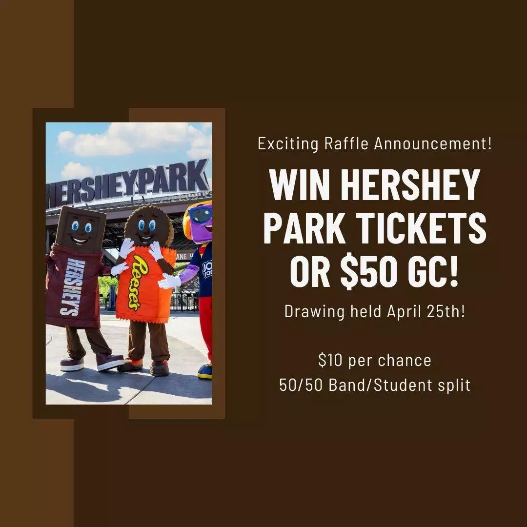 A promotional image featuring two people in hershey's chocolate bar costumes holding up a sign about a raffle to win hersheypark tickets or a $50 gift card.
