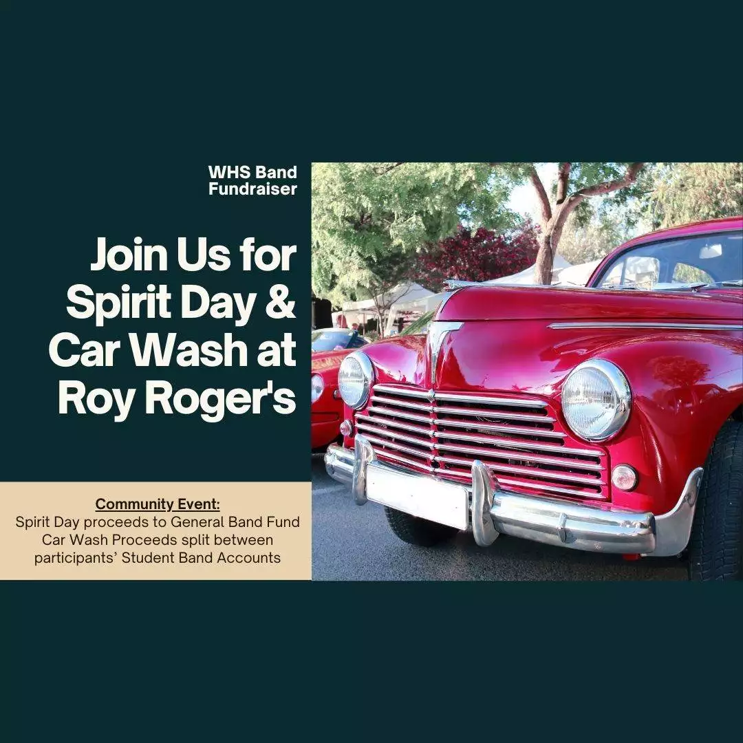 Promotional image for a whs band fundraiser featuring spirit day and car wash, with a classic red car in the foreground.