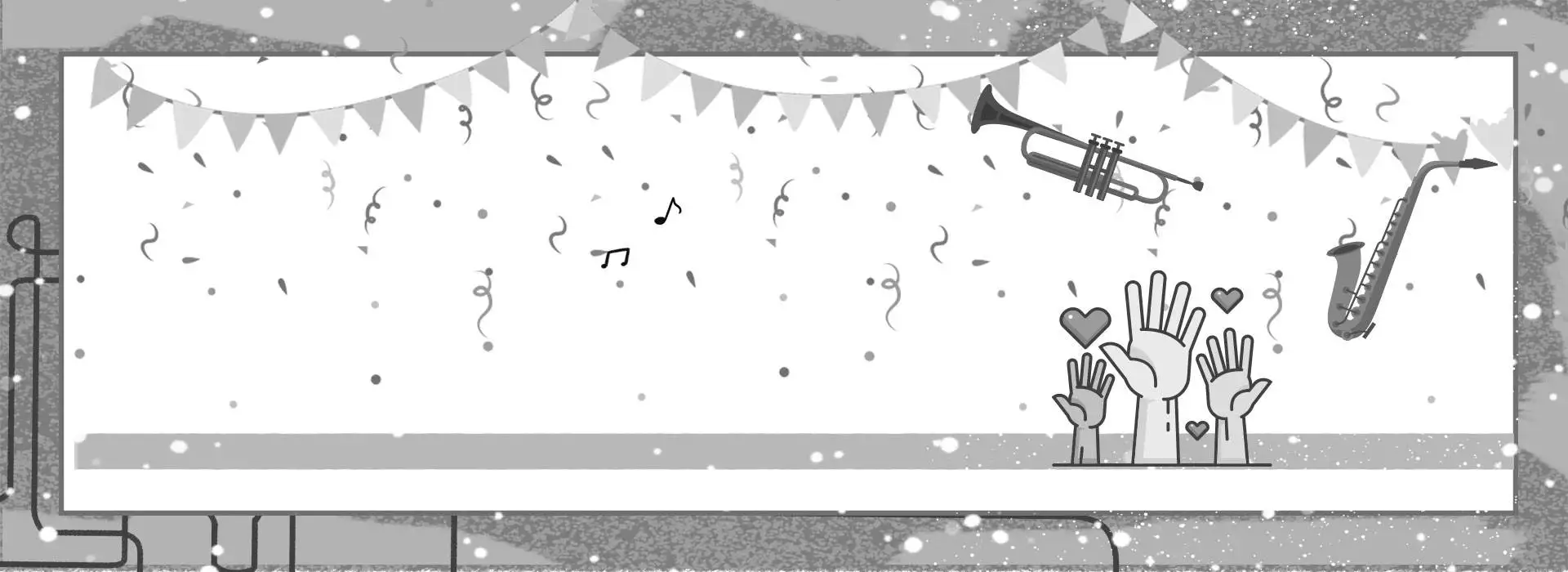 A black and white drawing of a saxophone in the snow.